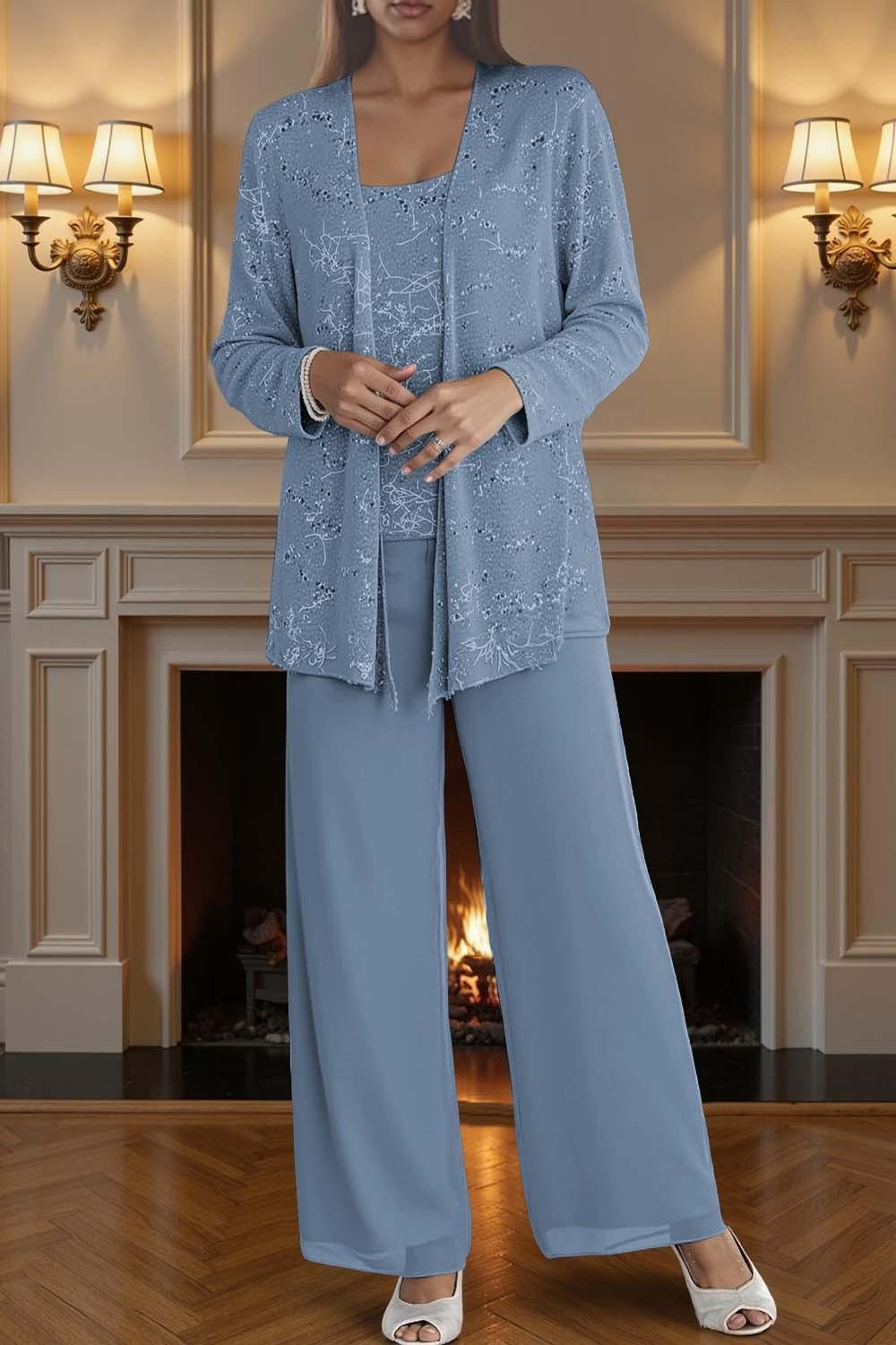 Dreamyannie Silver Chiffon Scoop Neck 3 Piece Mother Of The Bride Pant Suits With Jacket