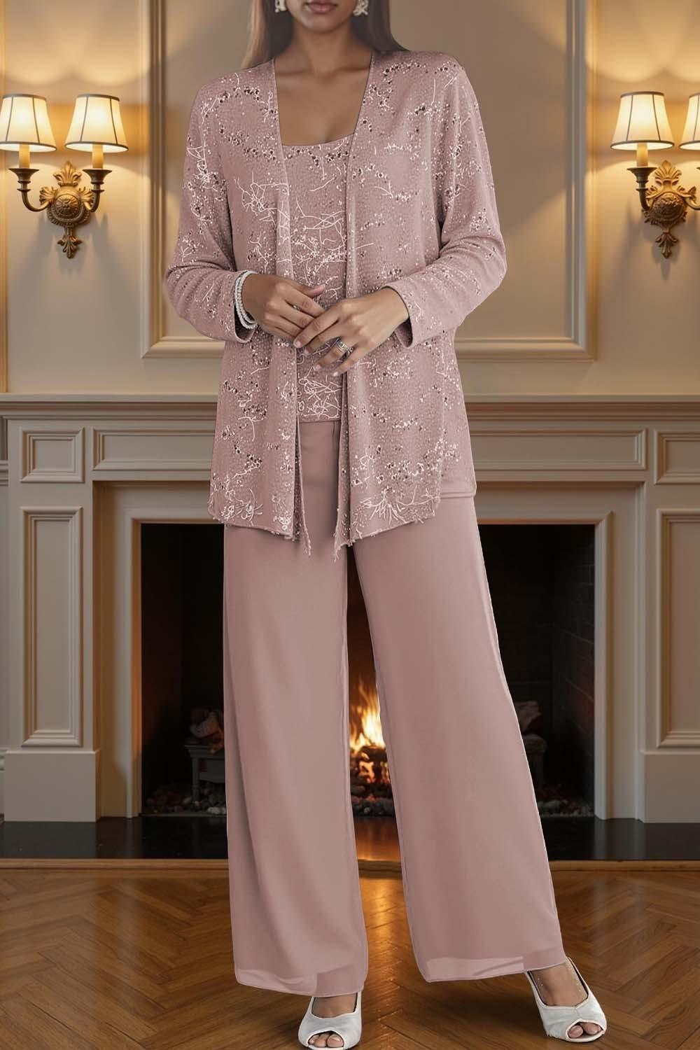 Dreamyannie Silver Chiffon Scoop Neck 3 Piece Mother Of The Bride Pant Suits With Jacket