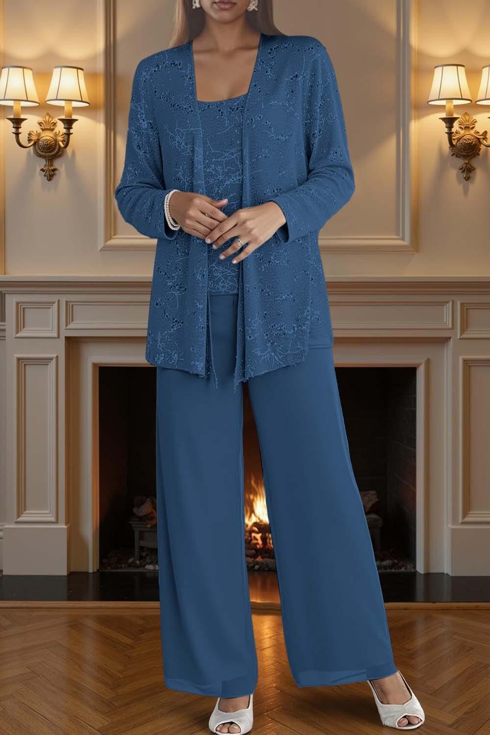 Dreamyannie Silver Chiffon Scoop Neck 3 Piece Mother Of The Bride Pant Suits With Jacket