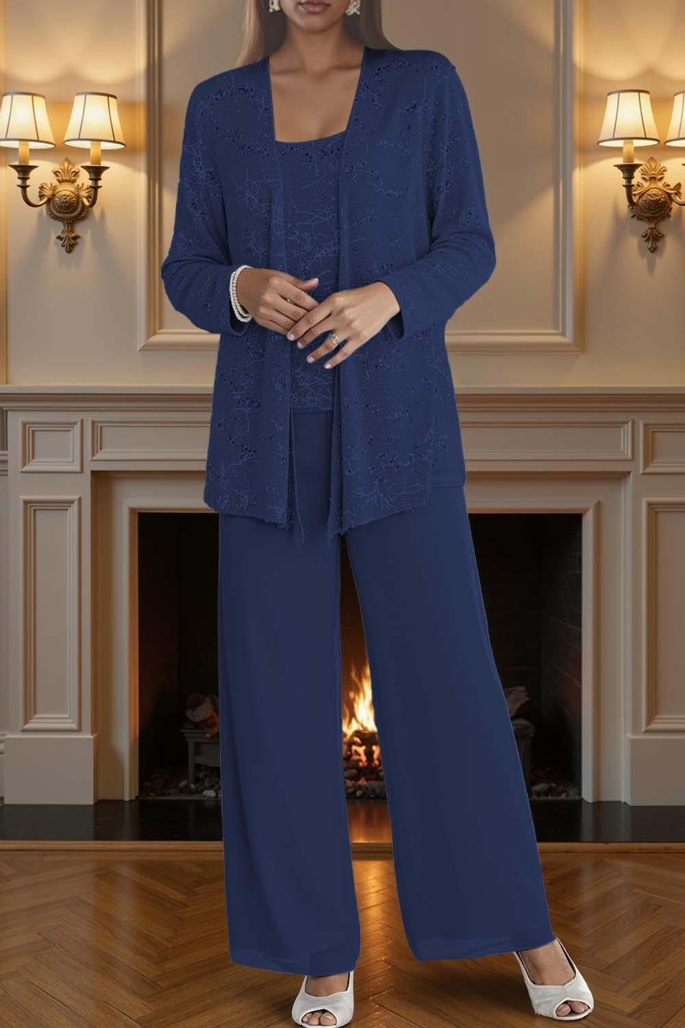 Dreamyannie Silver Chiffon Scoop Neck 3 Piece Mother Of The Bride Pant Suits With Jacket