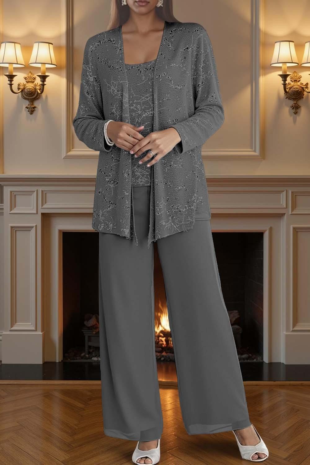 Dreamyannie Silver Chiffon Scoop Neck 3 Piece Mother Of The Bride Pant Suits With Jacket