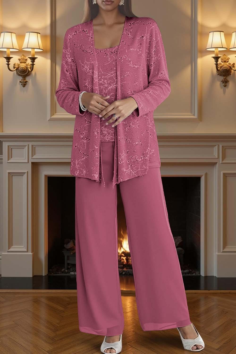 Dreamyannie Silver Chiffon Scoop Neck 3 Piece Mother Of The Bride Pant Suits With Jacket