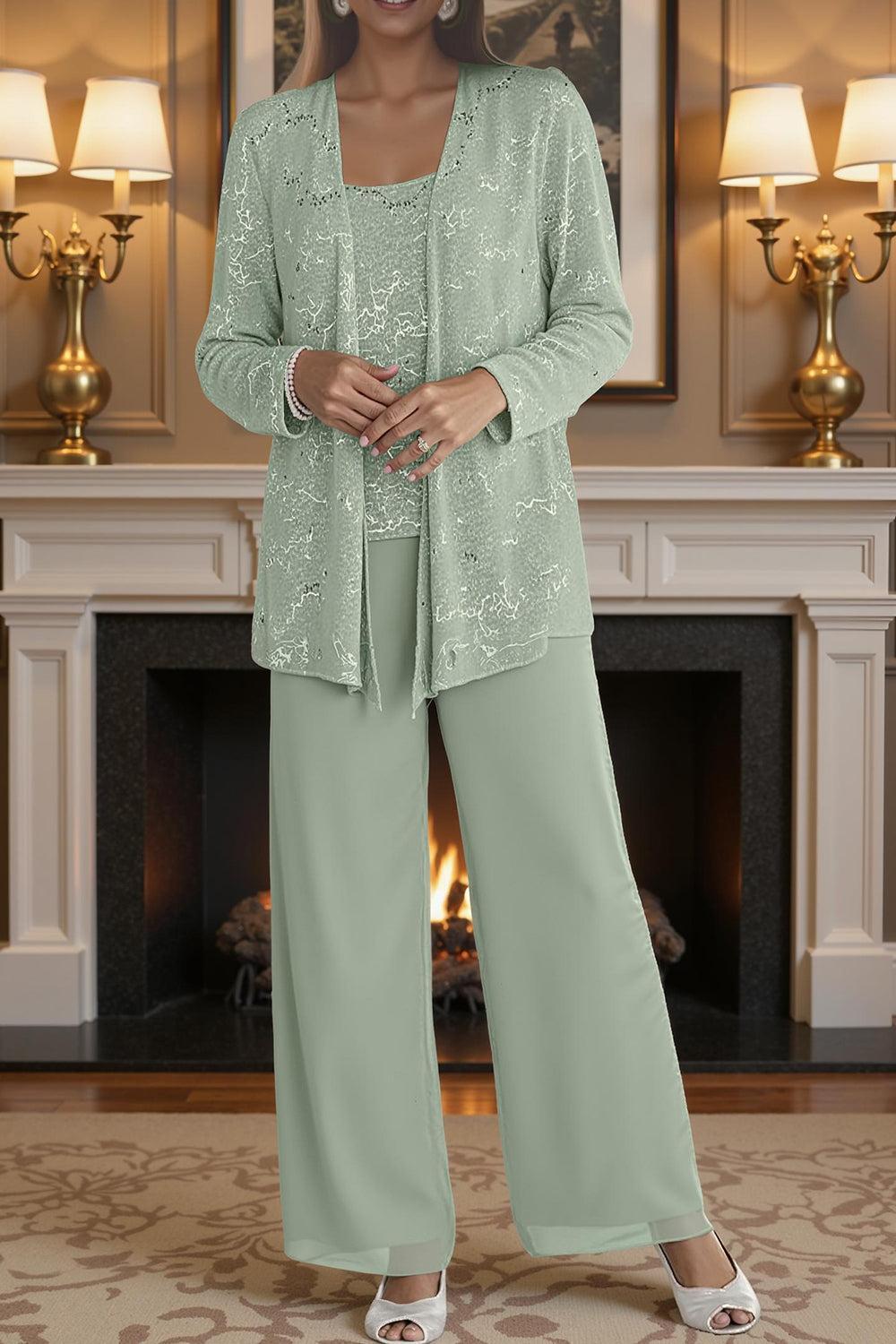 Dreamyannie Silver Chiffon Scoop Neck 3 Piece Mother Of The Bride Pant Suits With Jacket