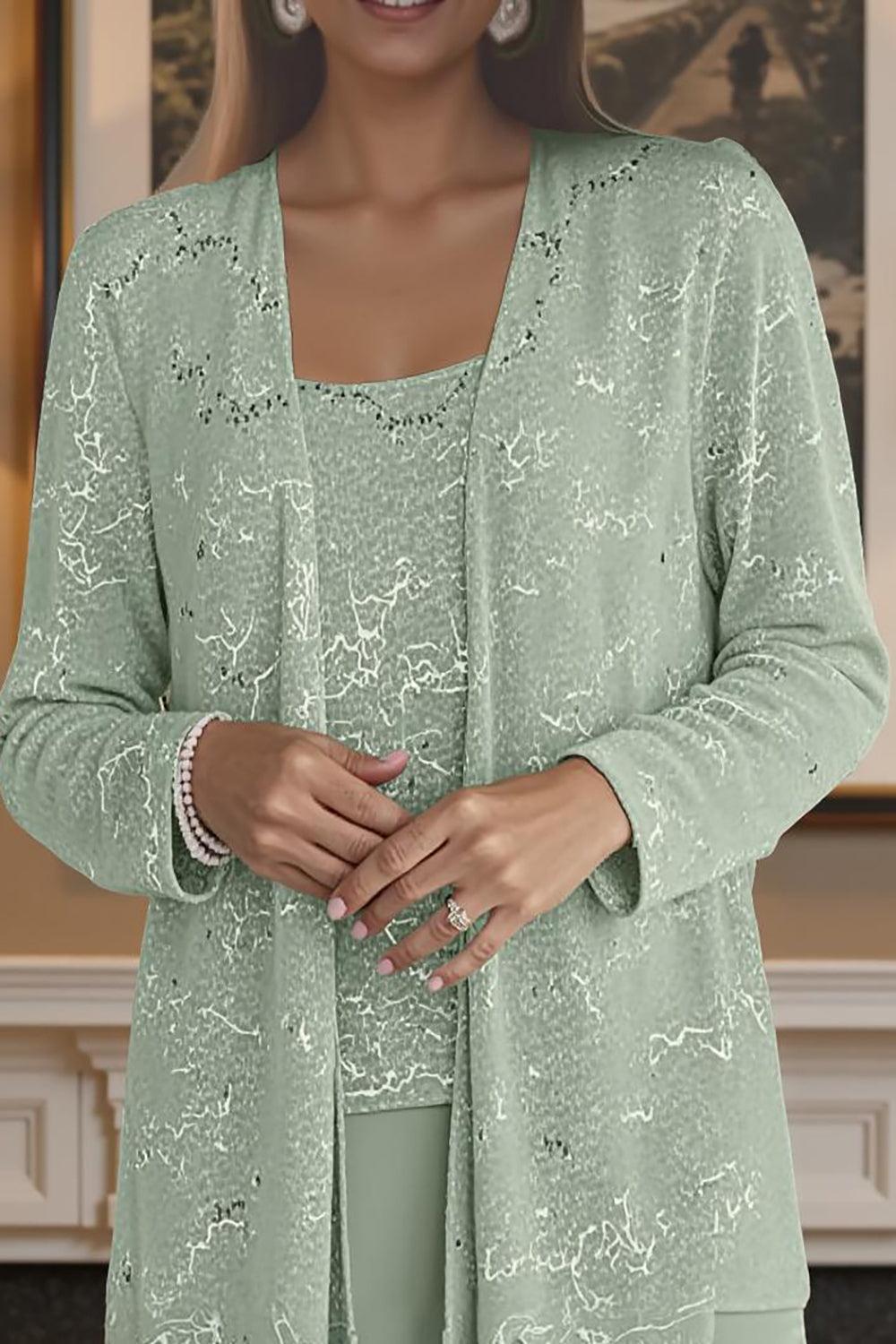 Dreamyannie Silver Chiffon Scoop Neck 3 Piece Mother Of The Bride Pant Suits With Jacket