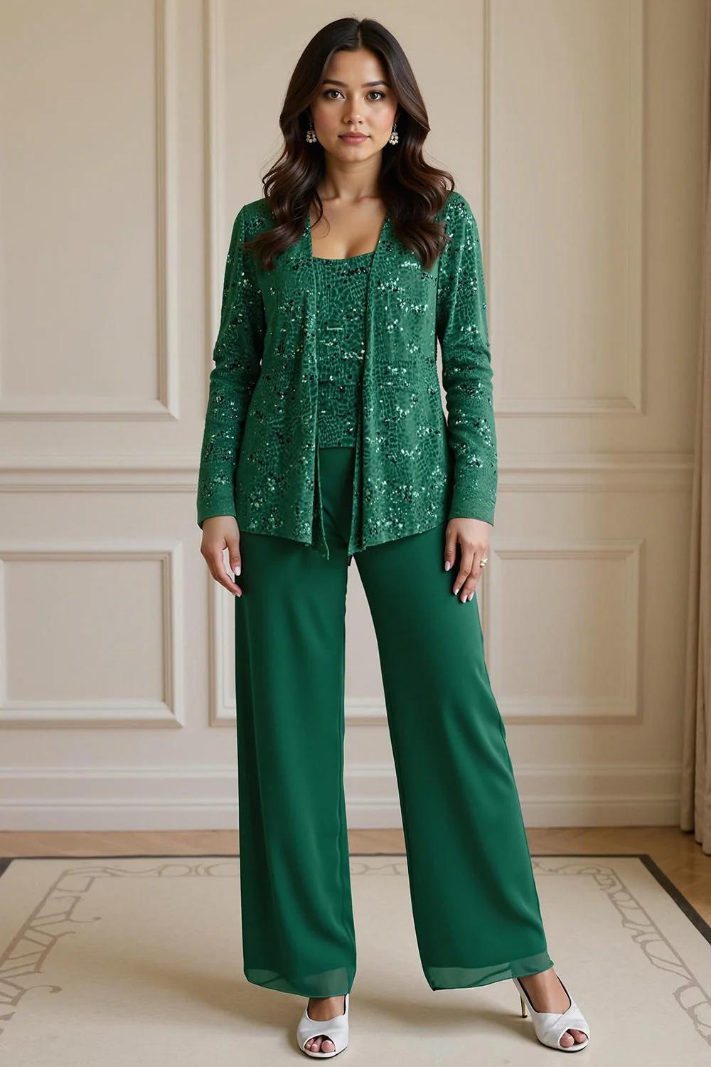 Dreamyannie Silver Chiffon Scoop Neck 3 Piece Mother Of The Bride Pant Suits With Jacket