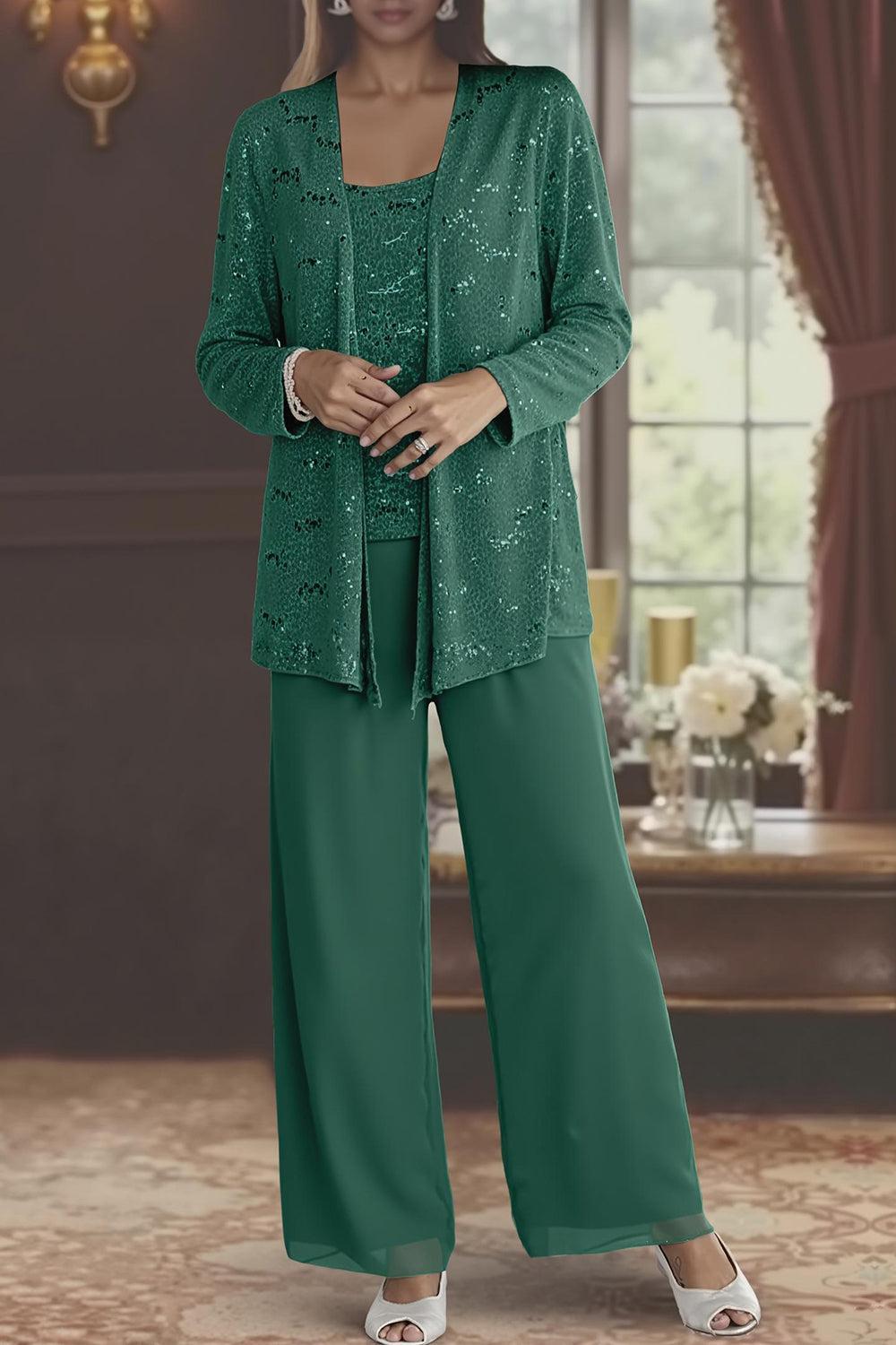 Dreamyannie Silver Chiffon Scoop Neck 3 Piece Mother Of The Bride Pant Suits With Jacket