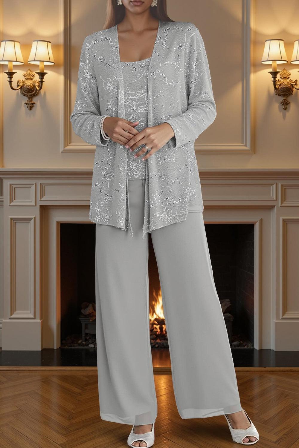 Dreamyannie Silver Chiffon Scoop Neck 3 Piece Mother Of The Bride Pant Suits With Jacket