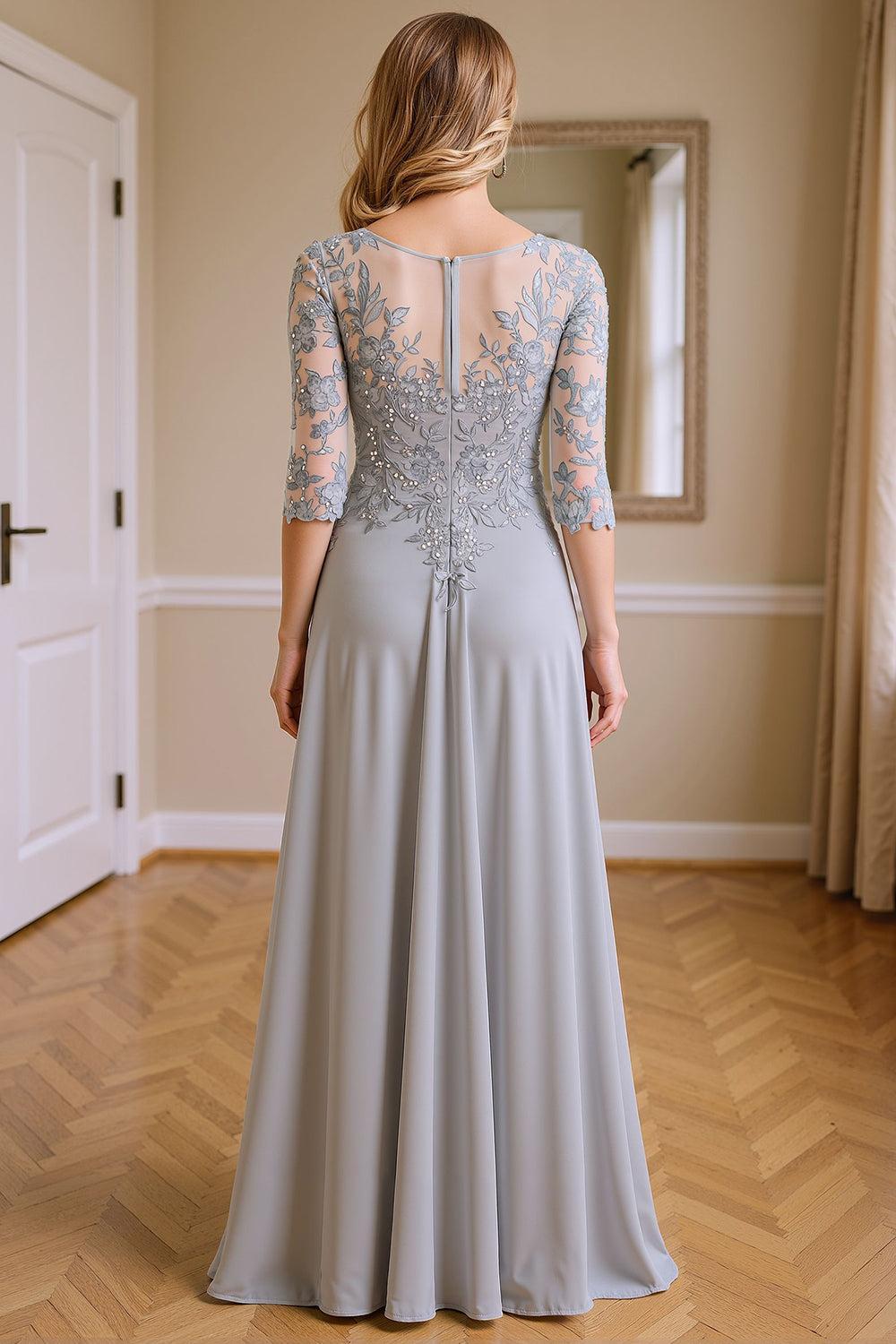 Dreamyannie Silver Floral V Neck Beaded Floor Length Mother Of The Bride Dress With Lace
