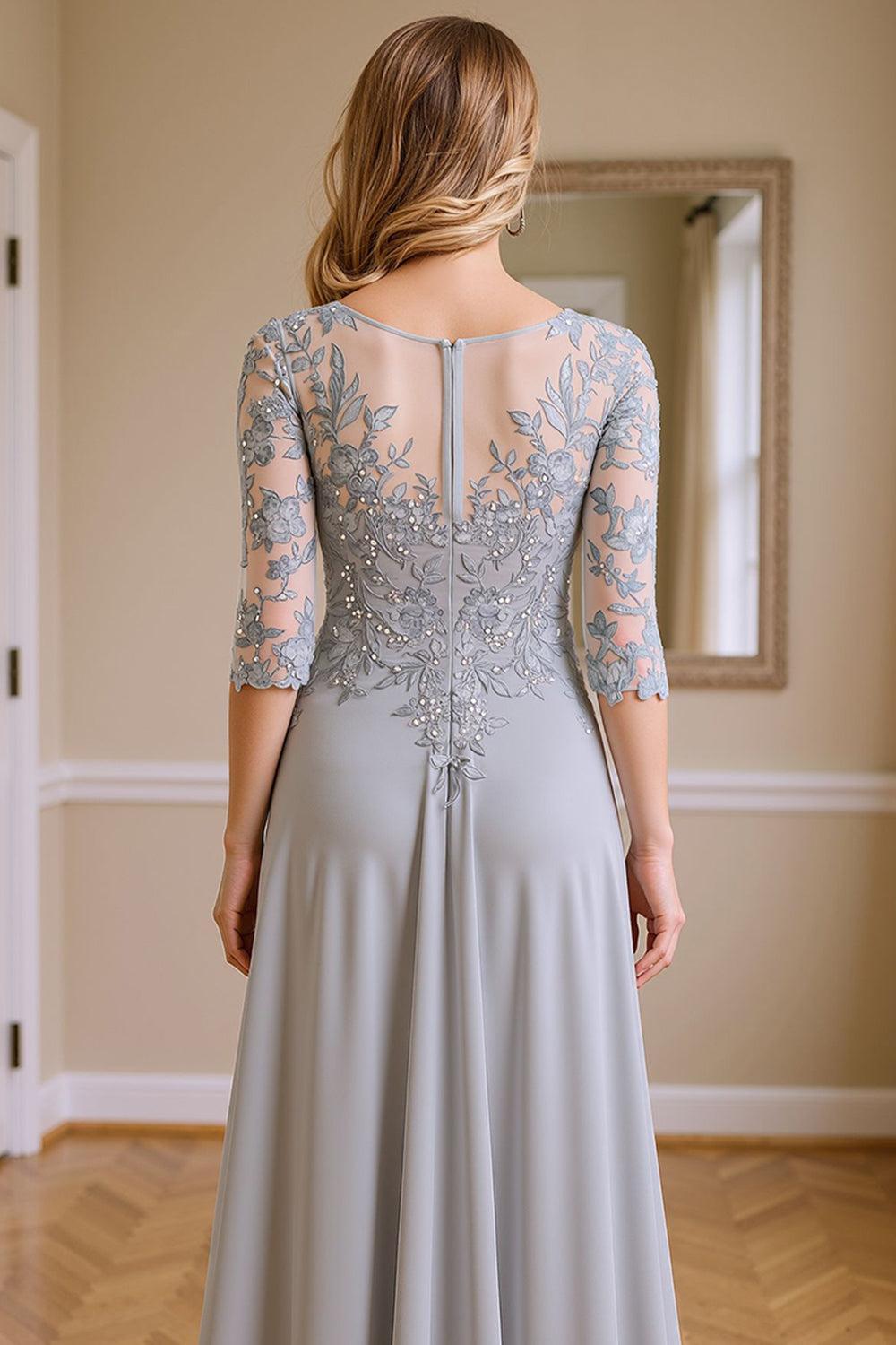 Dreamyannie Silver Floral V Neck Beaded Floor Length Mother Of The Bride Dress With Lace