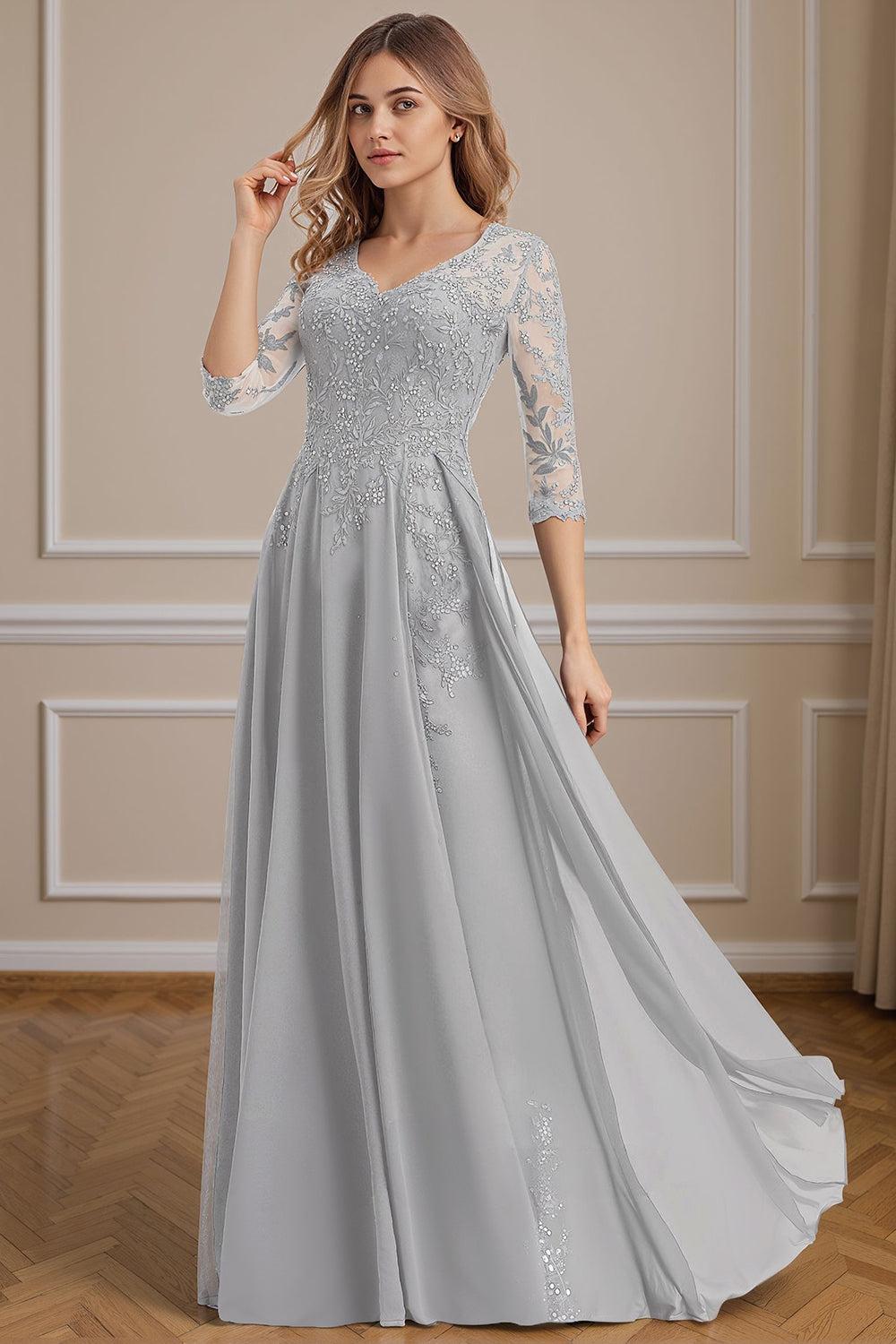 Dreamyannie Silver Floral V Neck Beaded Floor Length Mother Of The Bride Dress With Lace
