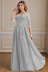 Dreamyannie Silver Floral V Neck Beaded Floor Length Mother Of The Bride Dress With Lace