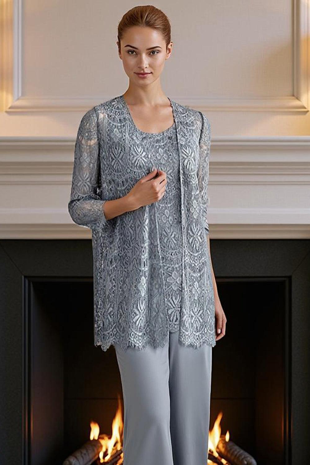 Dreamyannie Silver Lace Round Neck 3 Piece Mother Of The Bride Pant Suits With Jacket
