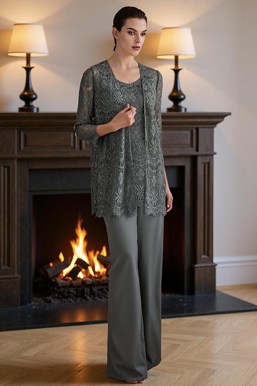 Dreamyannie Silver Lace Round Neck 3 Piece Mother Of The Bride Pant Suits With Jacket