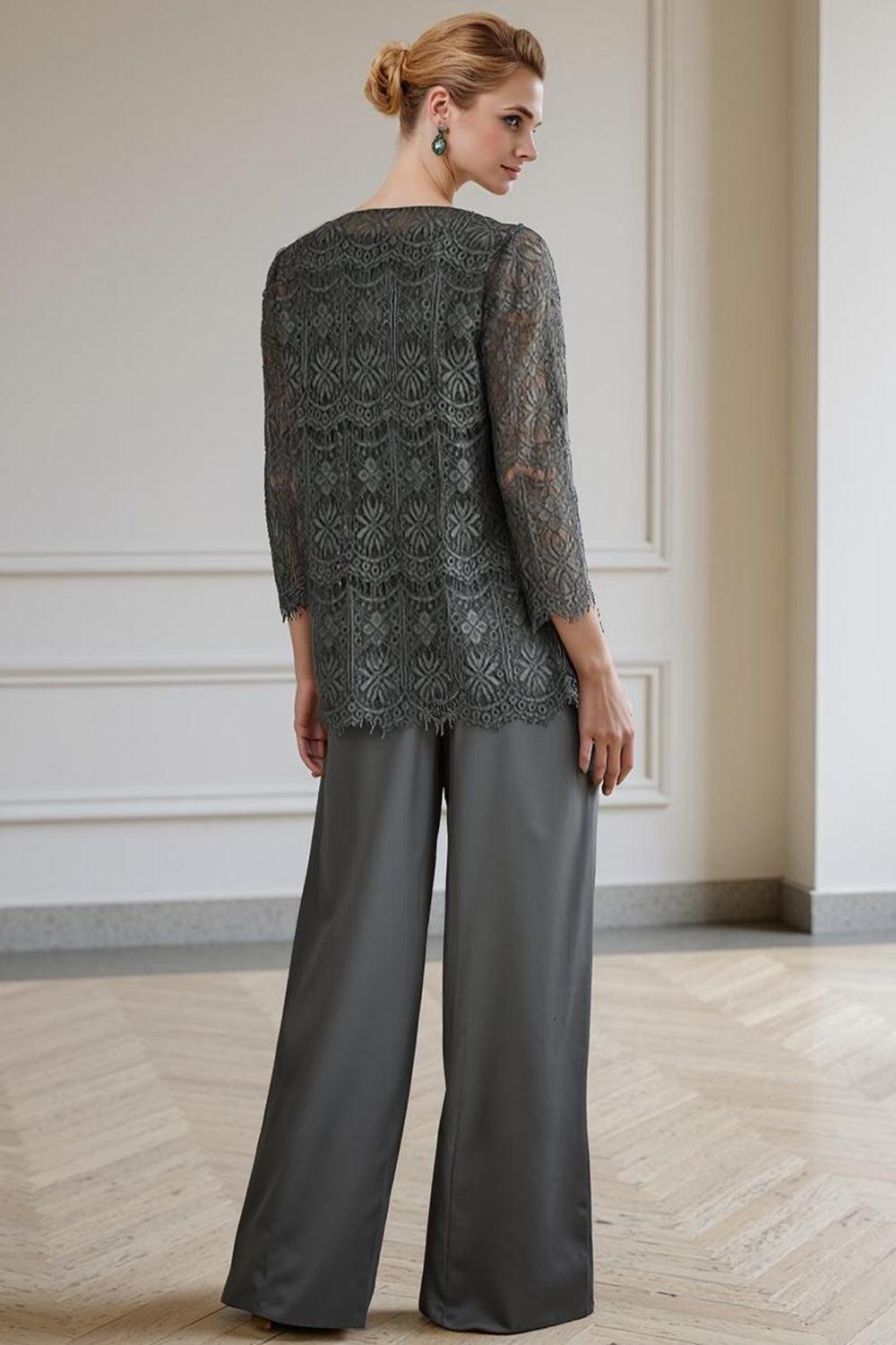 Dreamyannie Silver Lace Round Neck 3 Piece Mother Of The Bride Pant Suits With Jacket