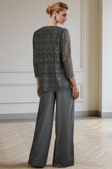 Dreamyannie Silver Lace Round Neck 3 Piece Mother Of The Bride Pant Suits With Jacket