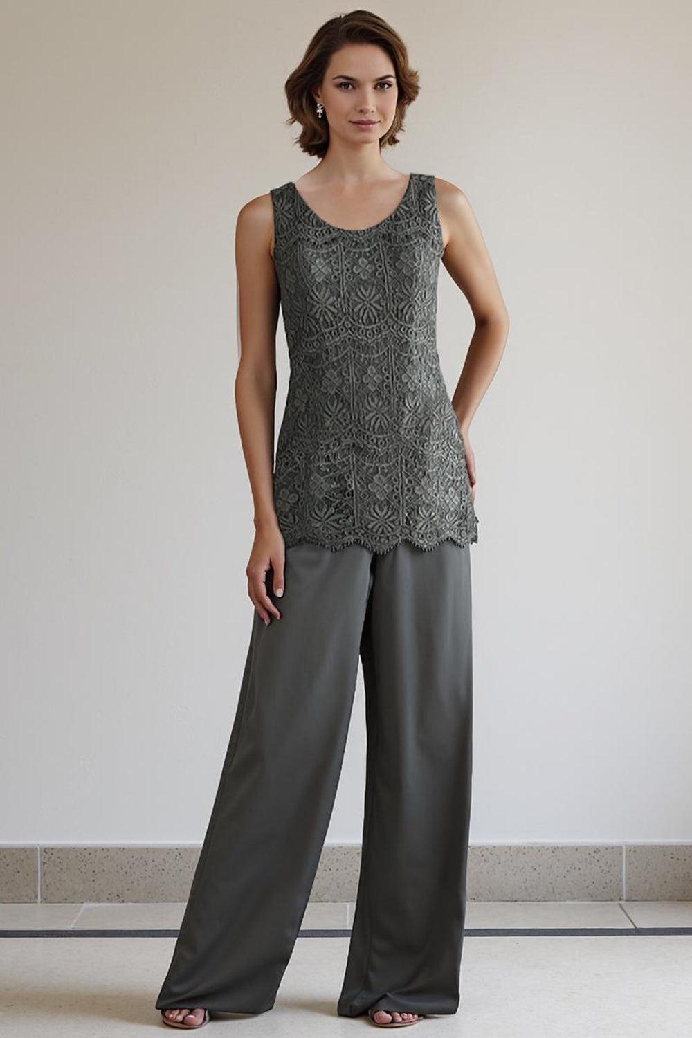 Dreamyannie Silver Lace Round Neck 3 Piece Mother Of The Bride Pant Suits With Jacket