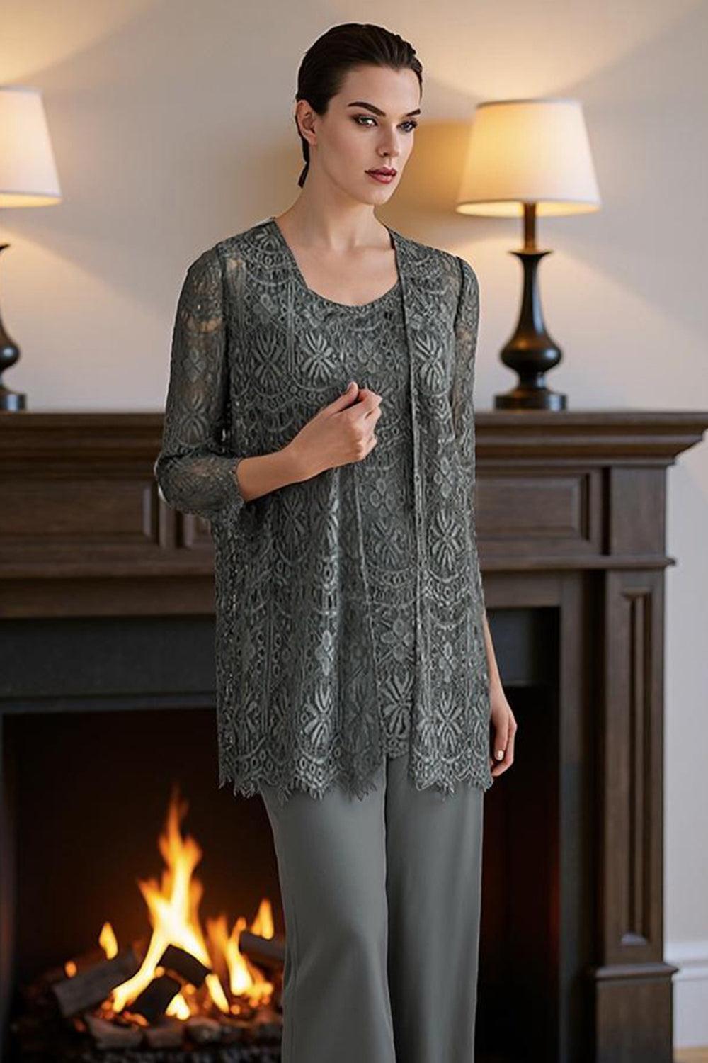 Dreamyannie Silver Lace Round Neck 3 Piece Mother Of The Bride Pant Suits With Jacket