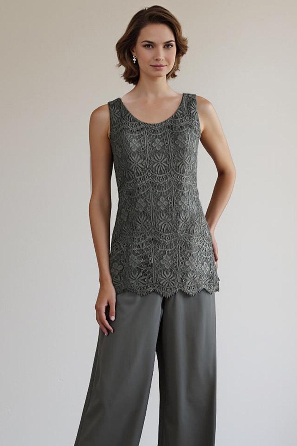 Dreamyannie Silver Lace Round Neck 3 Piece Mother Of The Bride Pant Suits With Jacket