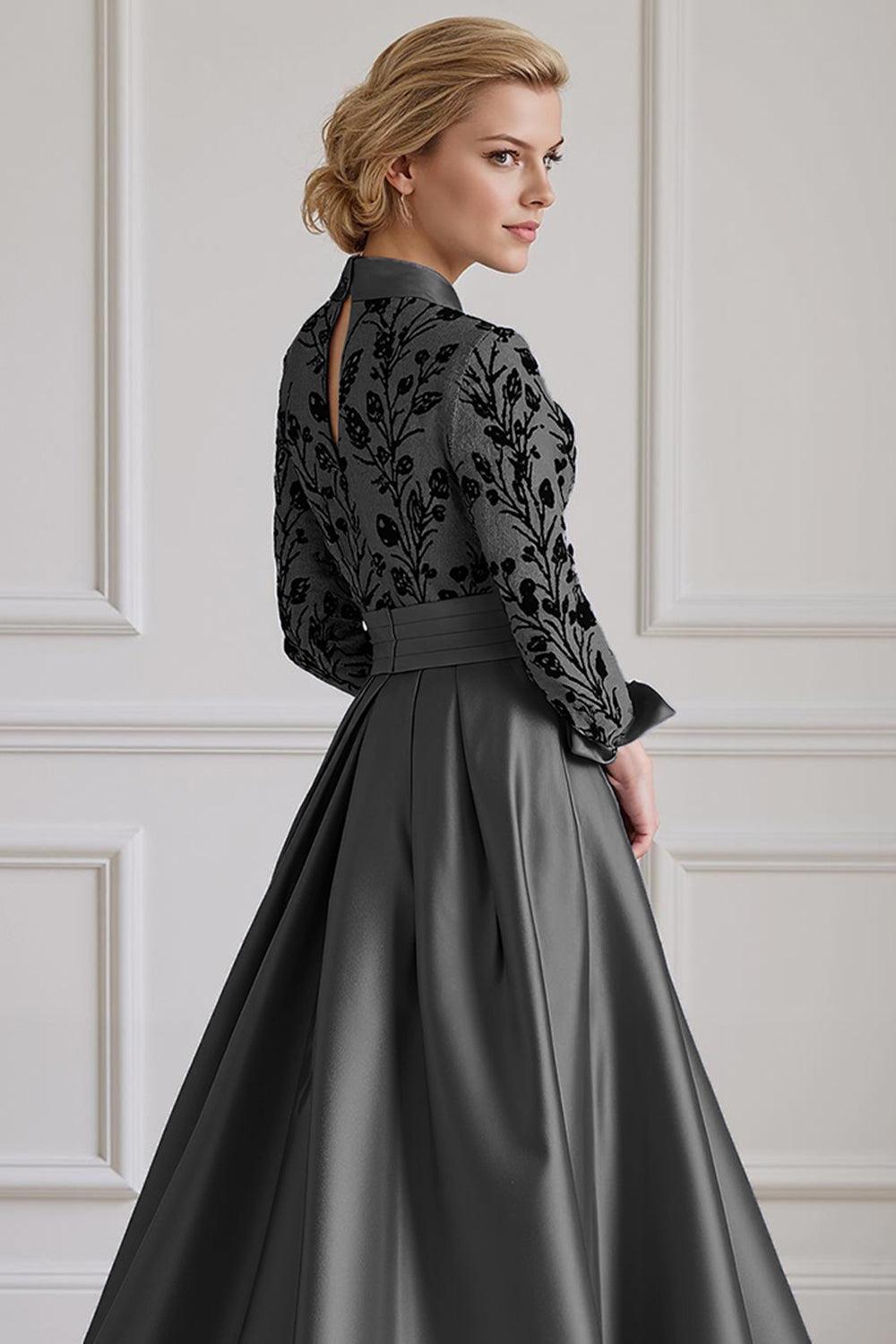 Dreamyannie Silver Lapel Floral A Line Floor Length Mother Of The Bride Dress With Sleeves