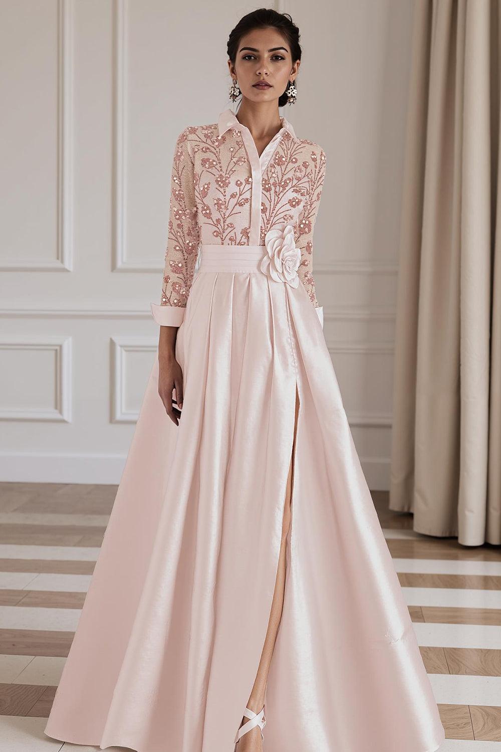 Dreamyannie Silver Lapel Floral A Line Floor Length Mother Of The Bride Dress With Sleeves