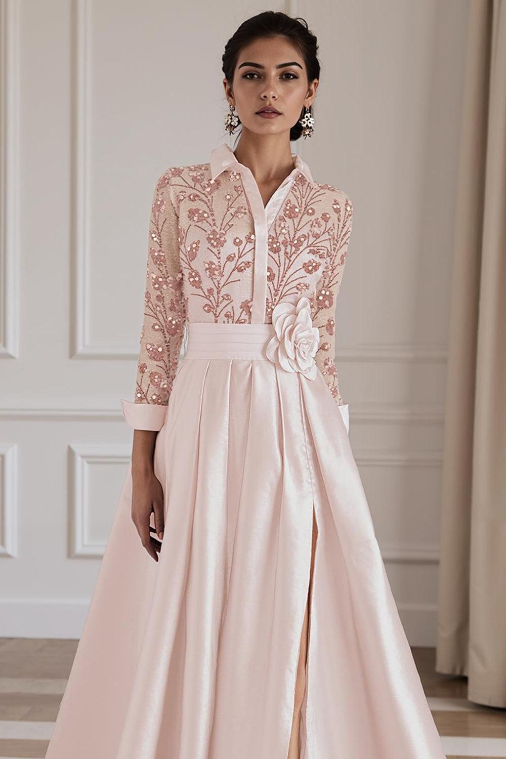 Dreamyannie Silver Lapel Floral A Line Floor Length Mother Of The Bride Dress With Sleeves