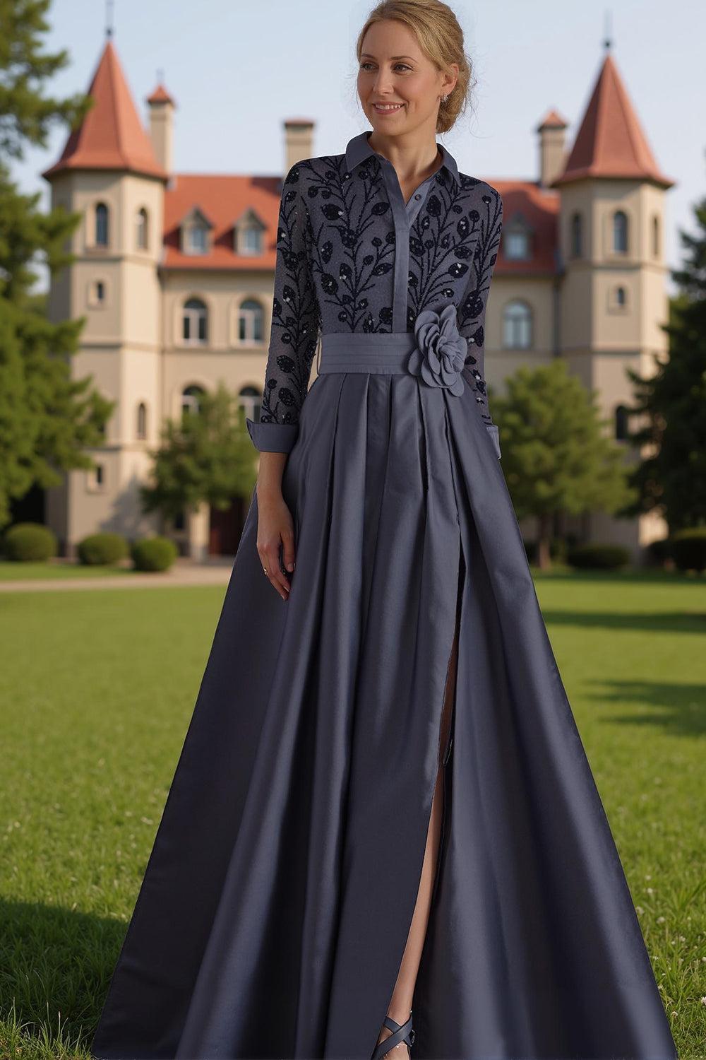 Dreamyannie Silver Lapel Floral A Line Floor Length Mother Of The Bride Dress With Sleeves