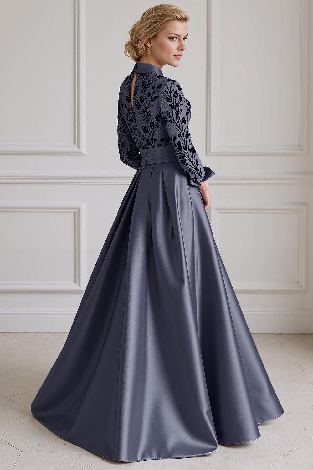 Dreamyannie Silver Lapel Floral A Line Floor Length Mother Of The Bride Dress With Sleeves