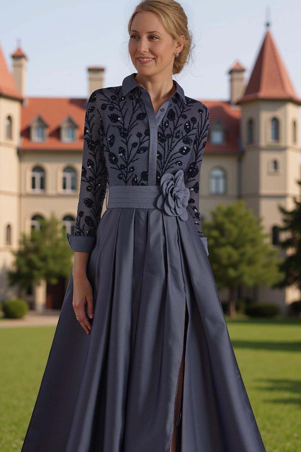 Dreamyannie Silver Lapel Floral A Line Floor Length Mother Of The Bride Dress With Sleeves