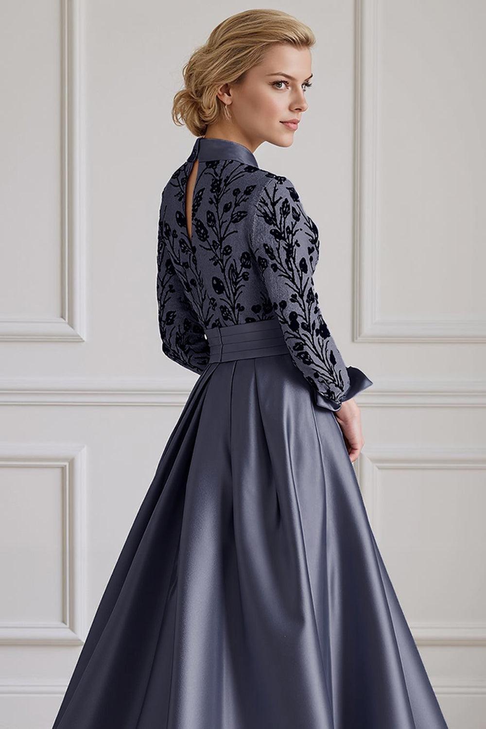 Dreamyannie Silver Lapel Floral A Line Floor Length Mother Of The Bride Dress With Sleeves