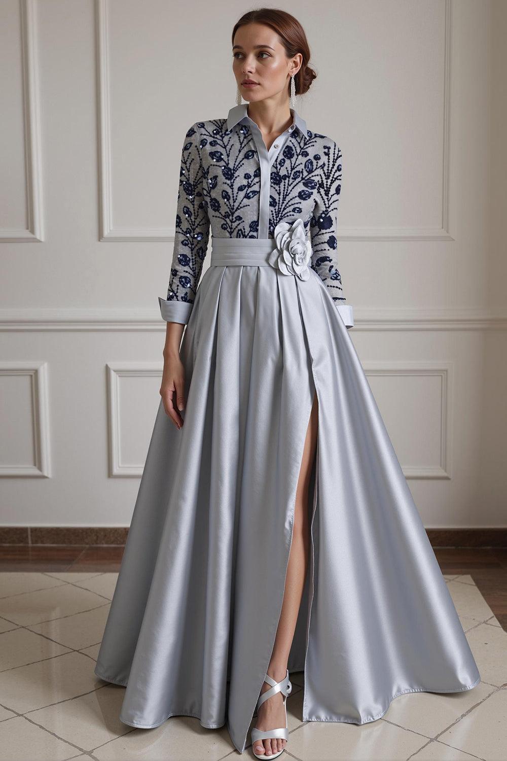 Dreamyannie Silver Lapel Floral A Line Floor Length Mother Of The Bride Dress With Sleeves