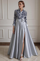 Dreamyannie Silver Lapel Floral A Line Floor Length Mother Of The Bride Dress With Sleeves