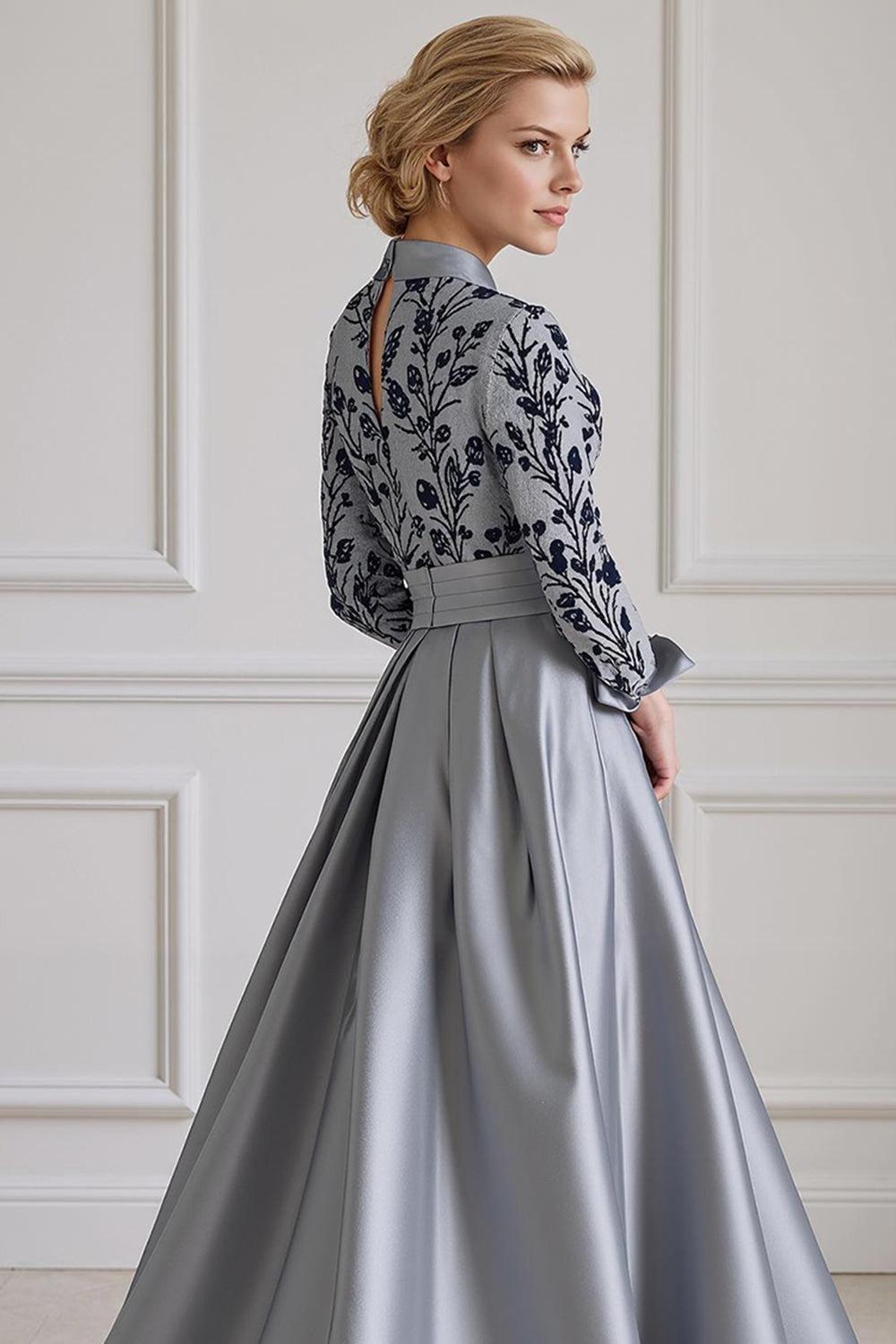 Dreamyannie Silver Lapel Floral A Line Floor Length Mother Of The Bride Dress With Sleeves
