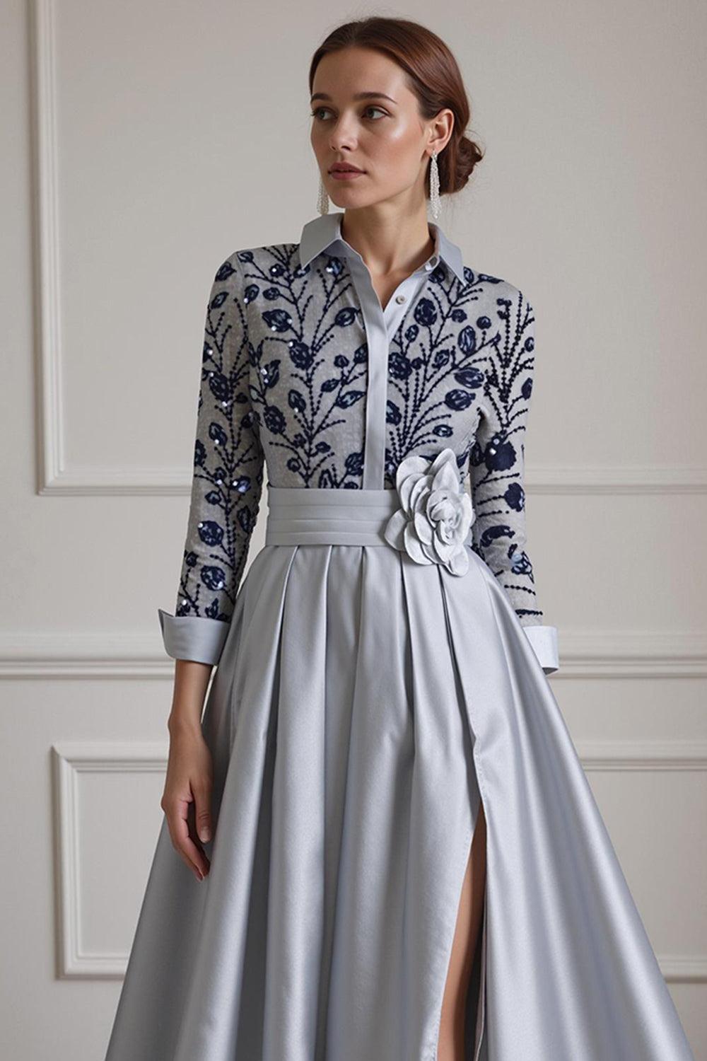 Dreamyannie Silver Lapel Floral A Line Floor Length Mother Of The Bride Dress With Sleeves