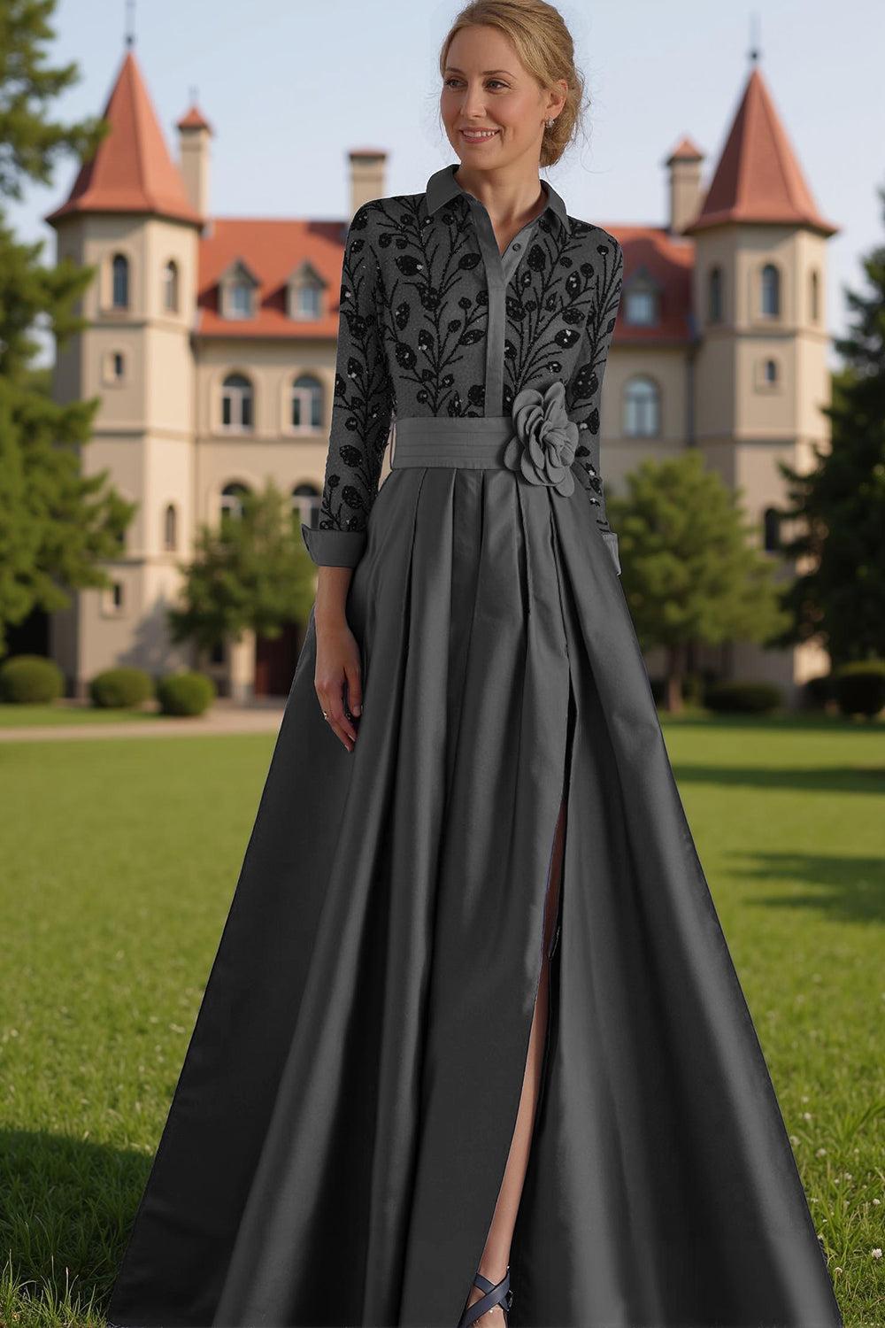 Dreamyannie Silver Lapel Floral A Line Floor Length Mother Of The Bride Dress With Sleeves