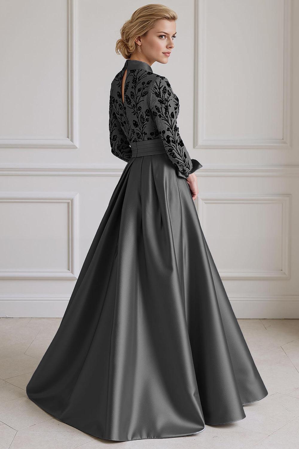 Dreamyannie Silver Lapel Floral A Line Floor Length Mother Of The Bride Dress With Sleeves