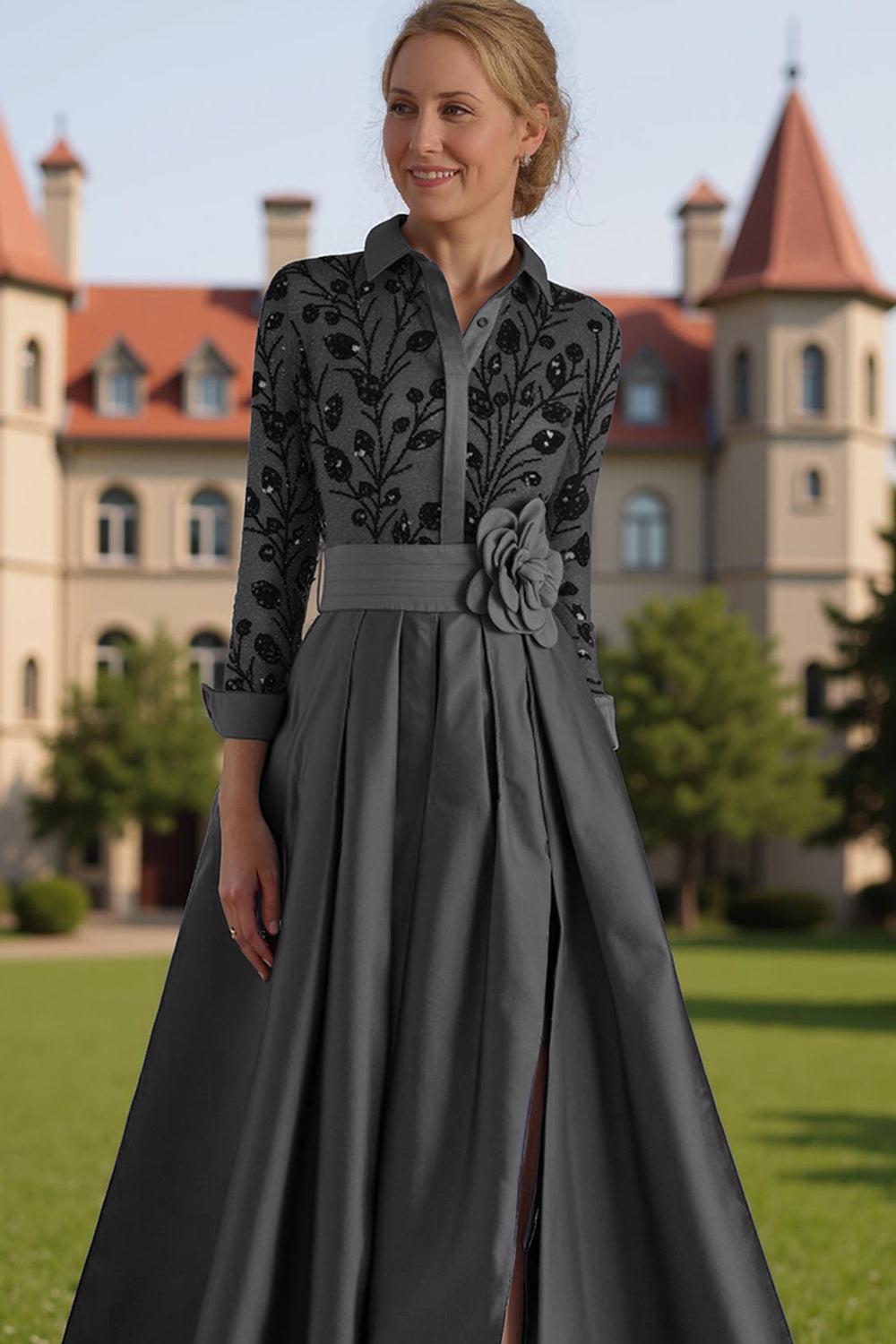 Dreamyannie Silver Lapel Floral A Line Floor Length Mother Of The Bride Dress With Sleeves
