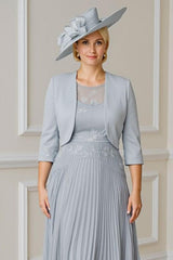 Dreamyannie Silver Pleated A Line 2 Piece Tea Length Mother Of The Bride Dress With Jacket