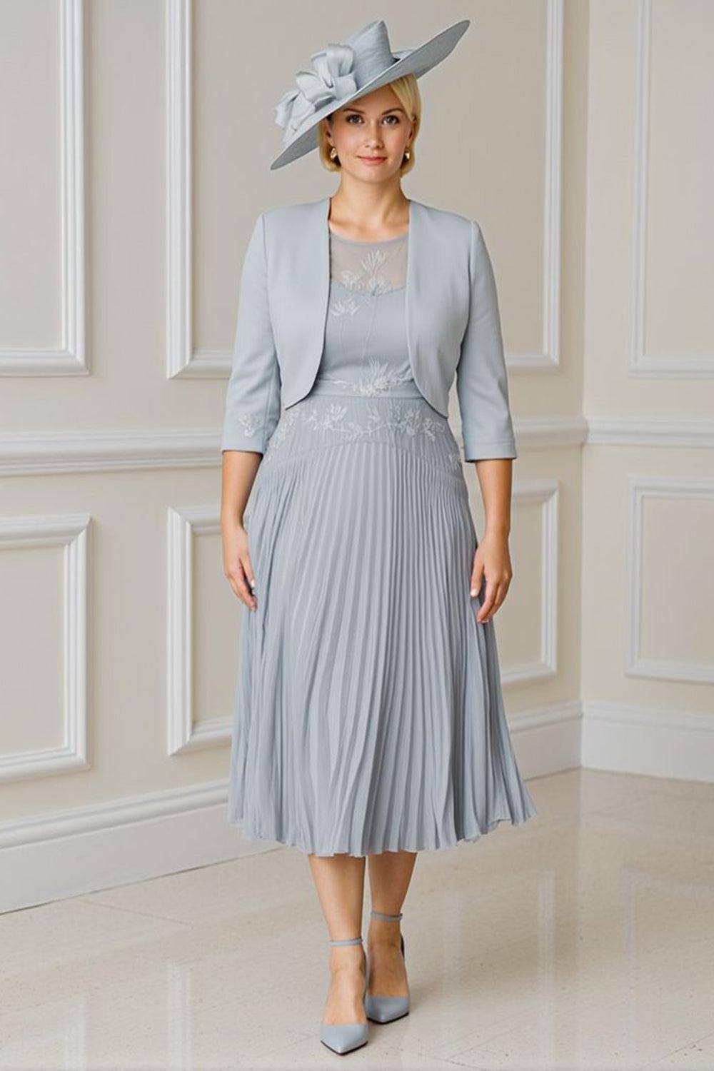 Dreamyannie Silver Pleated A Line 2 Piece Tea Length Mother Of The Bride Dress With Jacket
