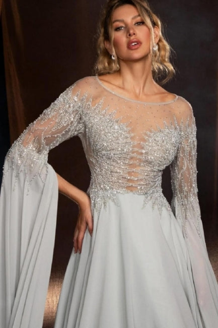 Dreamyannie Silver Prom Dress A Line Crew Beaded Sleeves Sweep Train Chiffon Formal Dress