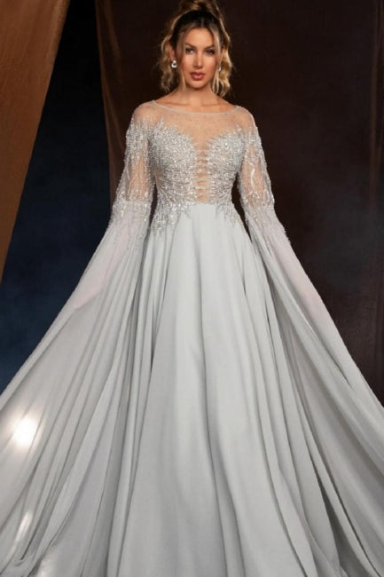 Dreamyannie Silver Prom Dress A Line Crew Beaded Sleeves Sweep Train Chiffon Formal Dress