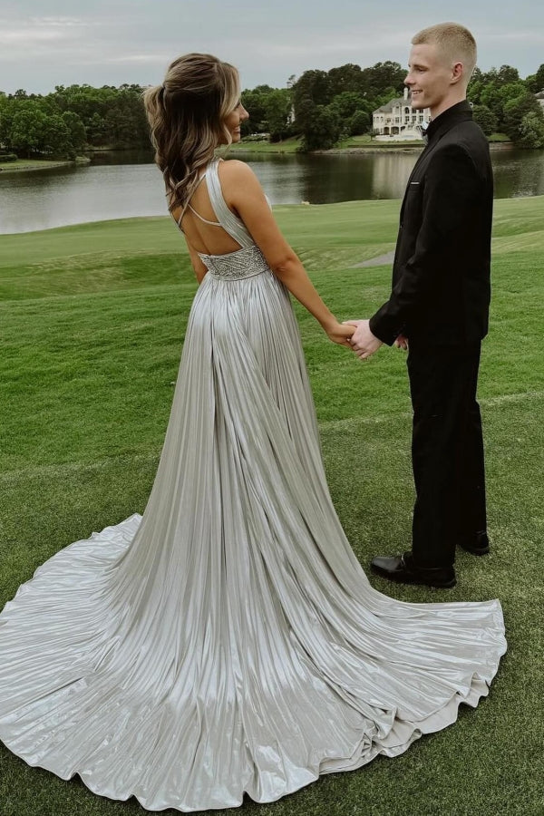 Dreamyannie Silver Prom Dress A Line Halter Pleated Evening Dress With Rhinestones