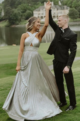 Dreamyannie Silver Prom Dress A Line Halter Pleated Evening Dress With Rhinestones