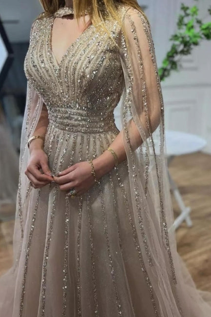 Dreamyannie Silver Prom Dress A Line V Neck Beaded Sequined Floor Length Tulle Formal Dress