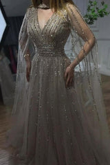 Dreamyannie Silver Prom Dress A Line V Neck Beaded Sequined Floor Length Tulle Formal Dress