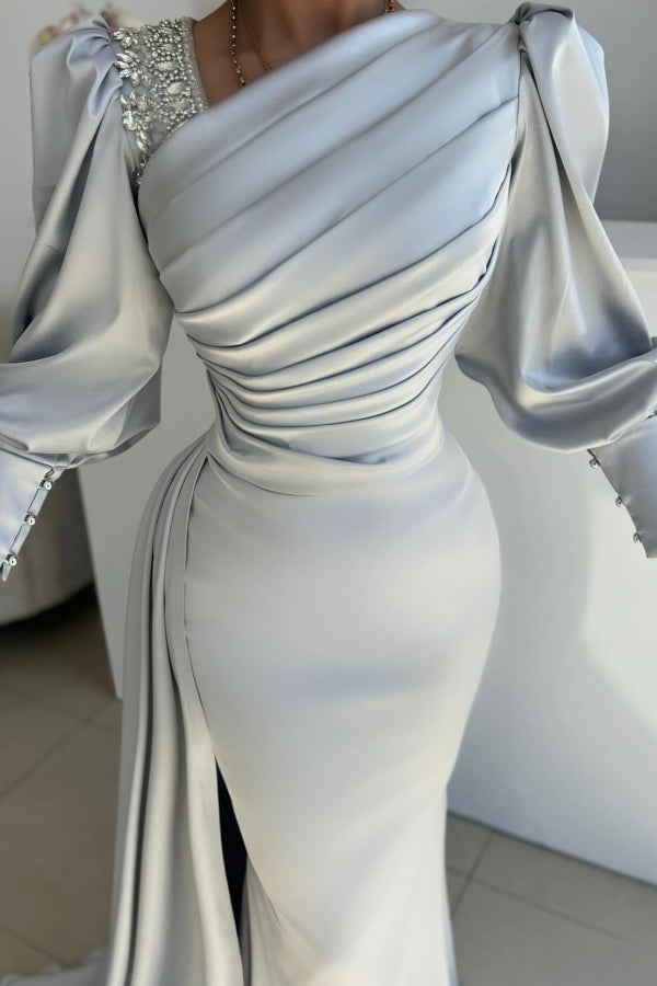Dreamyannie Silver Prom Dress Mermaid Satin Pleated Sleeves Evening Dress With Side Slit
