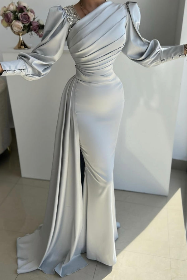 Dreamyannie Silver Prom Dress Mermaid Satin Pleated Sleeves Evening Dress With Side Slit