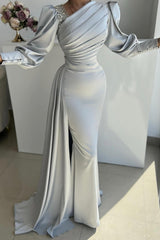 Dreamyannie Silver Prom Dress Mermaid Satin Pleated Sleeves Evening Dress With Side Slit