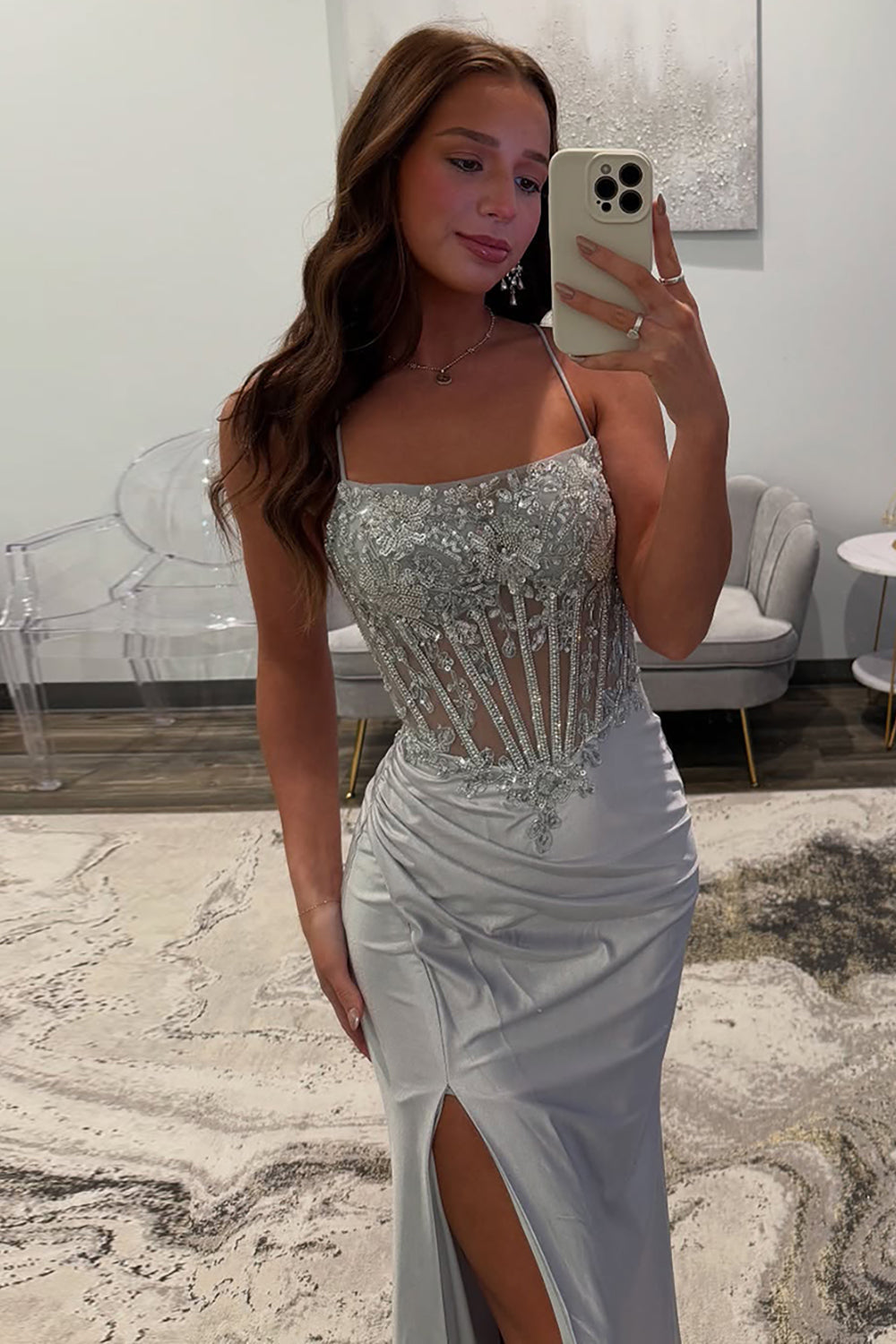 Dreamyannie Silver Prom Dress Satin Corset Long Formal Dress With Slit