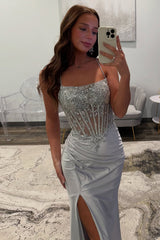 Dreamyannie Silver Prom Dress Satin Corset Long Formal Dress With Slit