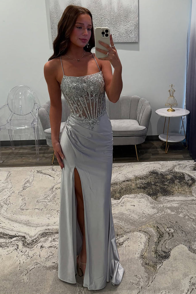 Dreamyannie UK Silver Prom Dress Satin Corset Long Formal Dress With Slit Dreamyannie UK Silver Prom Dress Satin Corset Long Formal Dress With Slit